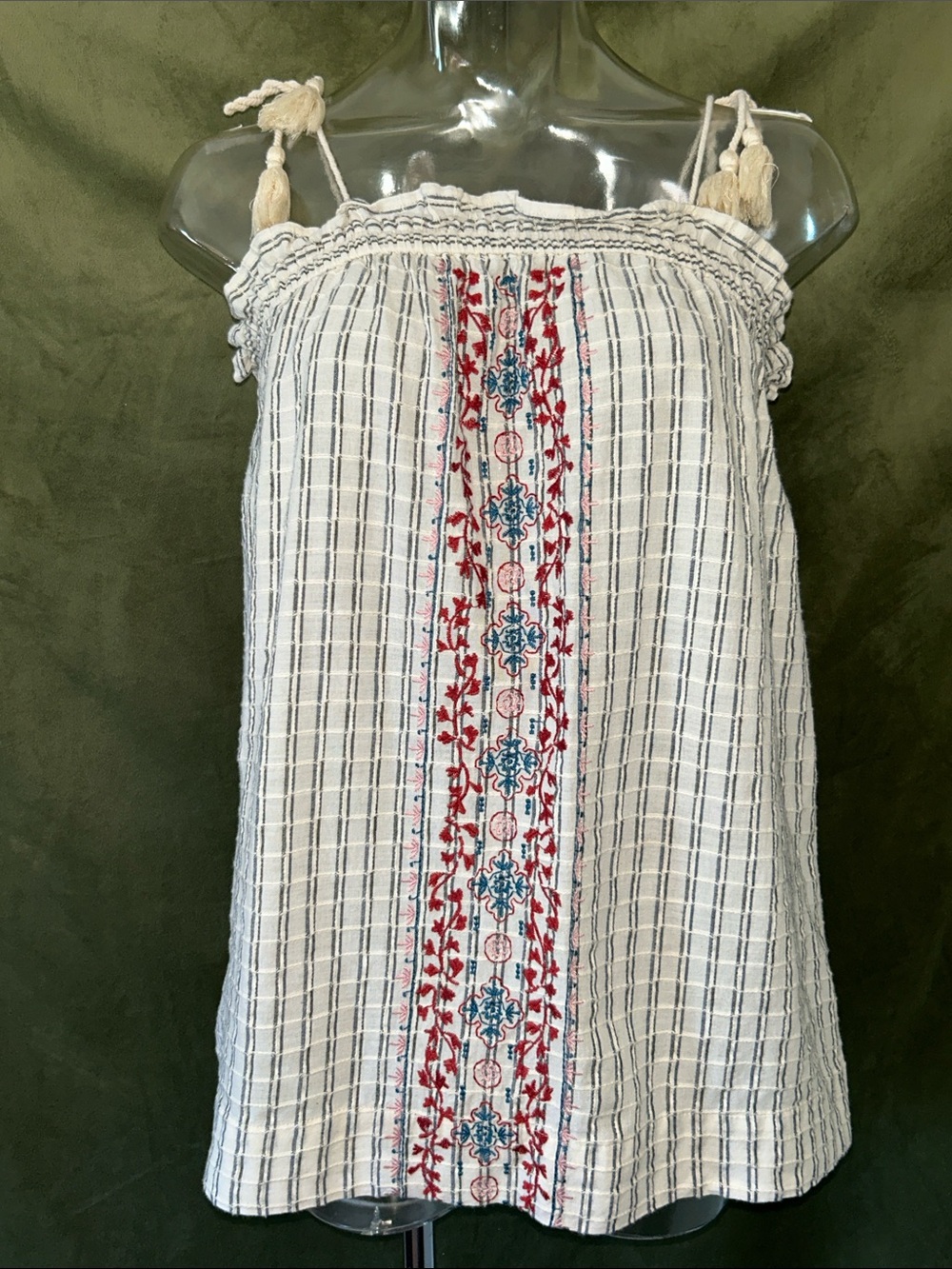 Universal Thread White Striped Embroidered Tassel Cami